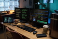 Empty Office Desk Displaying Multiple Computer Screens Running Programming Code - PhotoDune Item for Sale