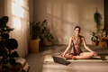 Young Caucasian Woman Meditating on Yoga Mat Using Laptop in Living Room - PhotoDune Item for Sale