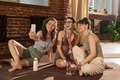 Three Young Adult Caucasian Women Taking Selfie after Yoga Session Indoors - PhotoDune Item for Sale