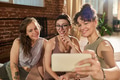 Three Young Adult Caucasian Women Smiling While Taking Selfie Indoors - PhotoDune Item for Sale