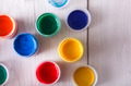Artist workplace, set of color paints on wood desk - PhotoDune Item for Sale