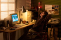 Caucasian Woman Relaxing with Headphones at Vintage Computer Desk - PhotoDune Item for Sale