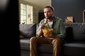 Young Adult Man Sitting on Sofa Eating Potato Chips Watching Television - PhotoDune Item for Sale