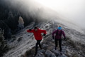 trail running couple man and woman running on a mountain path - PhotoDune Item for Sale