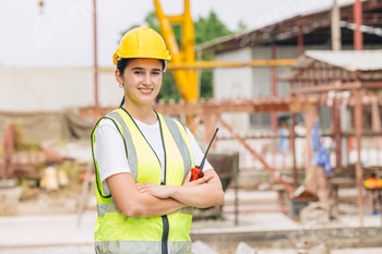 Professional engineer female working in construction site standing arm crossed happy smiling.